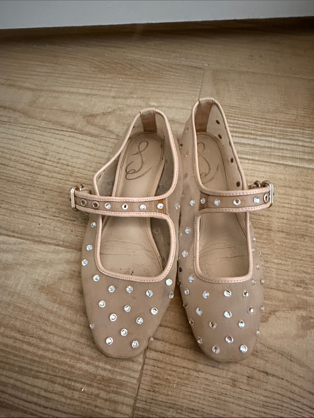 Sam Edelman Nude Pink Mary Jane Shoes with Rhinestones